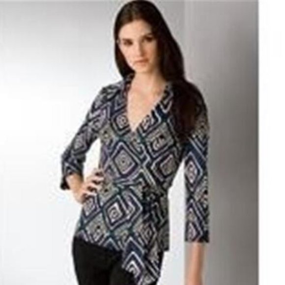 Diane Von Furstenberg Tops - DVF Diane Von Furstenberg JILL Silk Jersey Wrap Top Vintage Diamond Tribal Green